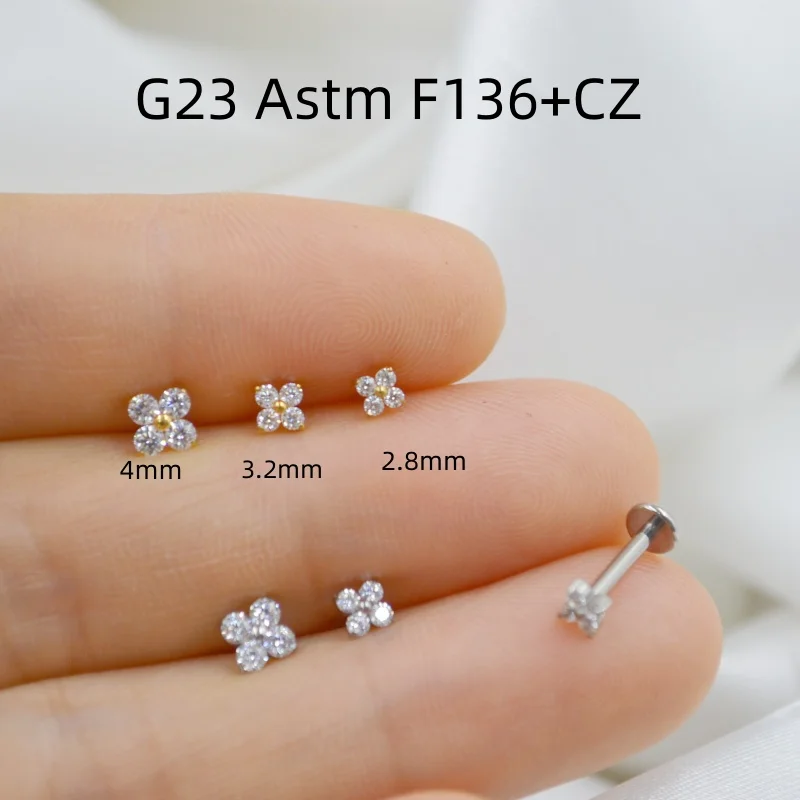 10pcs Body Jewelry 16Gx8mm G23 Titanium Flower CZ Lip Labret Bar Ear Helix Tragus Rook Barbells Stud Piercing Jewelry New