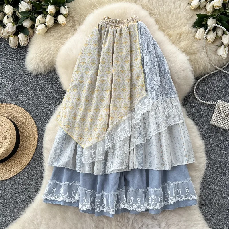 Irregular Floral Women Skirts Spring Autumn Mori Girl Style Sweet Ruffles Faldas Mujer Korean Fashion Retro Long Skirt
