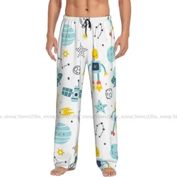 Mens Casual Pajama Long Pant Loose Elastic Waistband Cute Space Robots Cosmic Print Cozy Sleepwear Home Lounge Pants