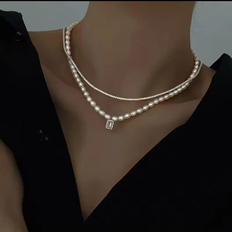 

Vintage Alien Imitation Pearl Square Zircon Multi-Layer Pendent Necklace for Women Elegant Baroque Jewerly Girl Wedding Gift