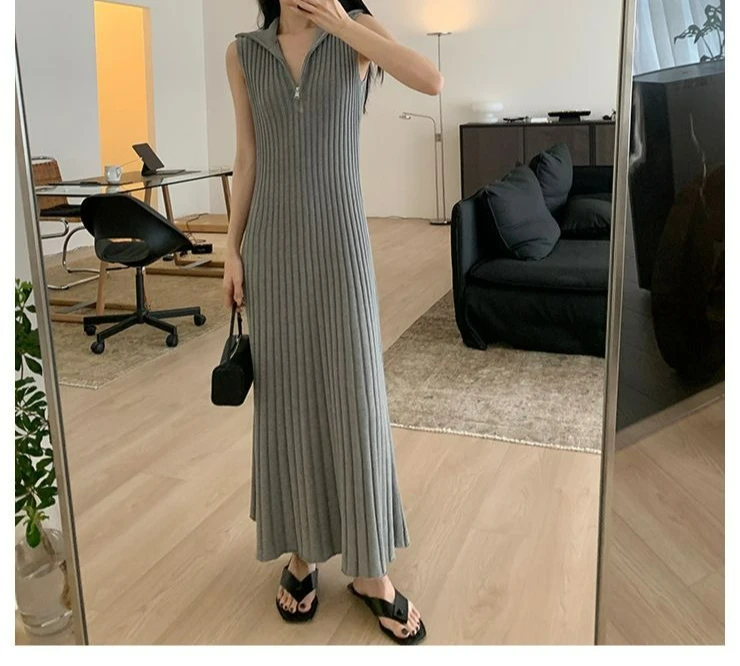 2026 Summer New Lapel Zipper Pit Strip Sleeveless Knitted Dress Commuting Versatile Waist