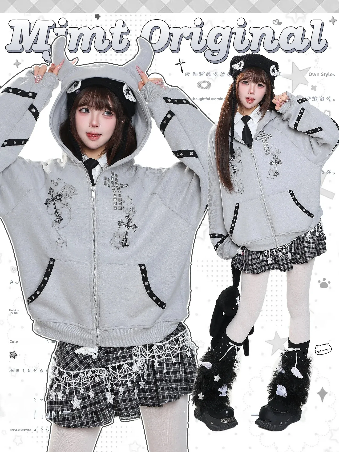 Sweet Cool Cross Print Devil Horn Hooded Open Cardigan Sweatshirt Women Loose Casual Design Zipper Jacket Autumn Fashion