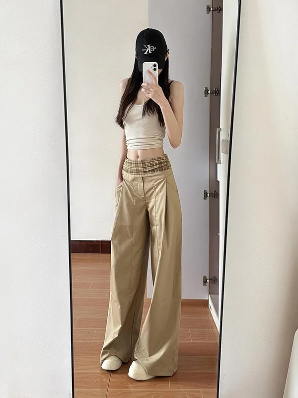 

Женские широкие брюки для высоких женщин, лето 2025, новинка, в клетку, с высокой талией, повседневные, свободные, стройнящие, длинные прямые брюки