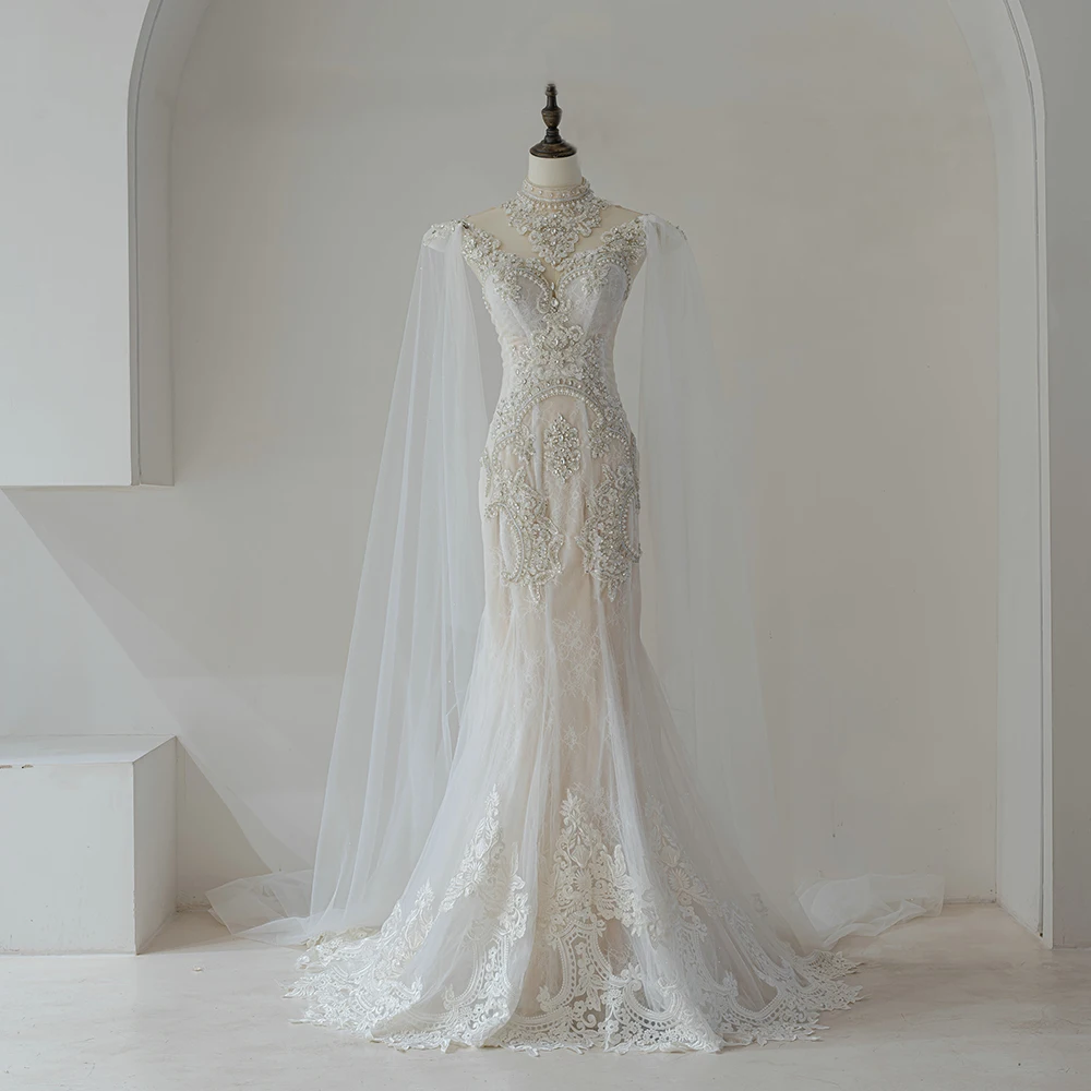Fabrik Großhandel Förderung Hochzeit Kleid Angepasst Elegante Hochzeit Meerjungfrau High Neck Perlen Backless Vestido Noiva QW01913