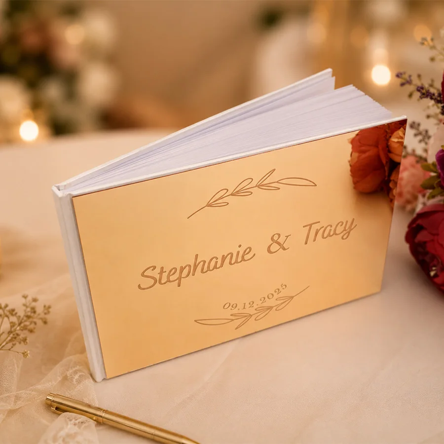 Livre d'or de mariage personnalisé en acrylique miroir gravé avec noms et date, livre de signature de mariage personnalisé avec monogramme et anneaux pour réception