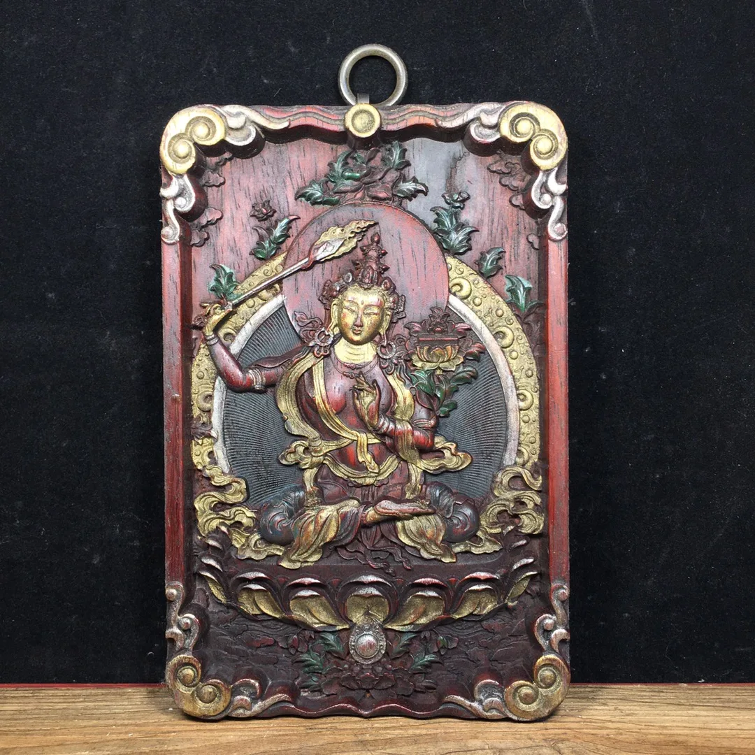 

8"Tibetan Temple Collection Old Rosewood Mounting Painted Manjushri Bodhisattva Buddha Thangka Wall hanging Worship Hall