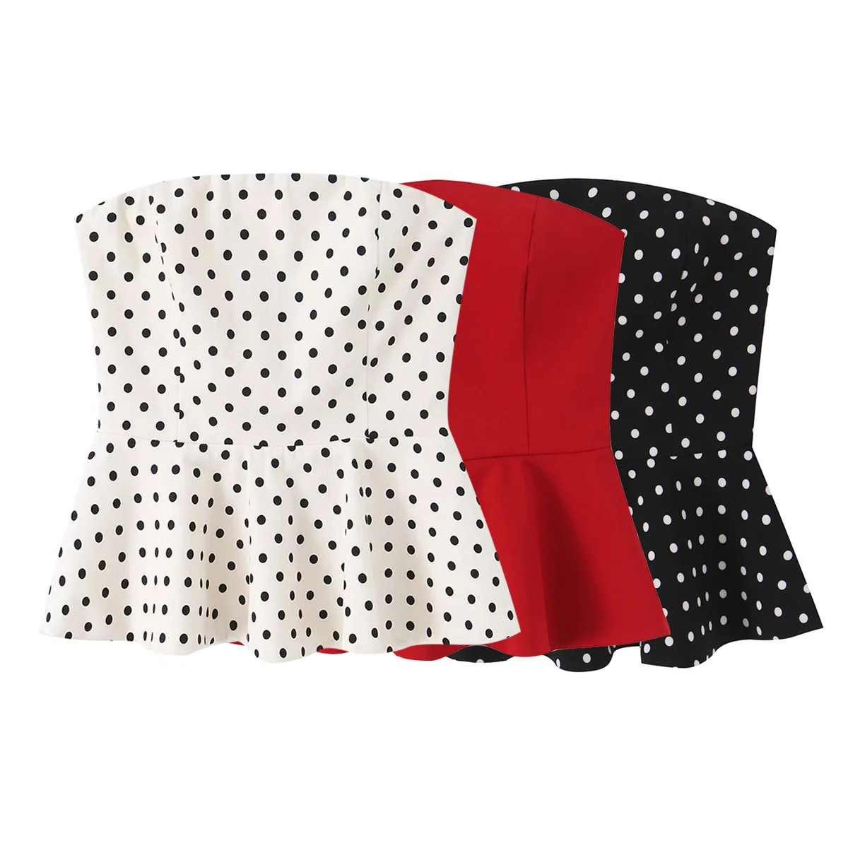 Damenmode Polka Dots Weste Sexy Elegant Ärmellos Rückenfrei Trägerloses Top mit Falten am Saum Sommer Freizeit Tanktop – Detail 5