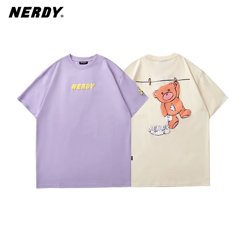 

NERDY 2025 Summer Collection Korean-Style Loose-Fit Round Neck Sweat-Wicking Teddy Bear Short-Sleeve Letter T-Shirt for Women