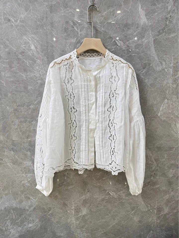 2024SS Summer Luxury New Women High Quality Hollow Linen White Shirt Blouse for Female Blouse