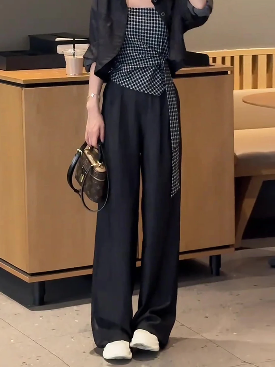 

Faionable Simple Bla повседневные широкие брюки женские осенние новые Treenut маленький размер с высокой талией другой материал 00%