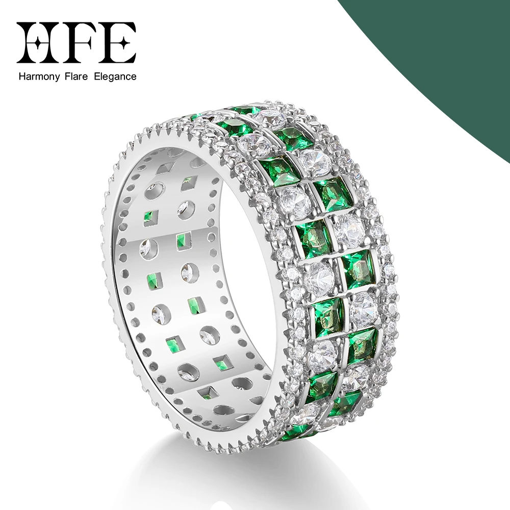 HFE Simulated Emerald & Cubic Zirconia Eternity Ring Double Row Wide Band Hollow Design Stackable Rings Jewelry Customization