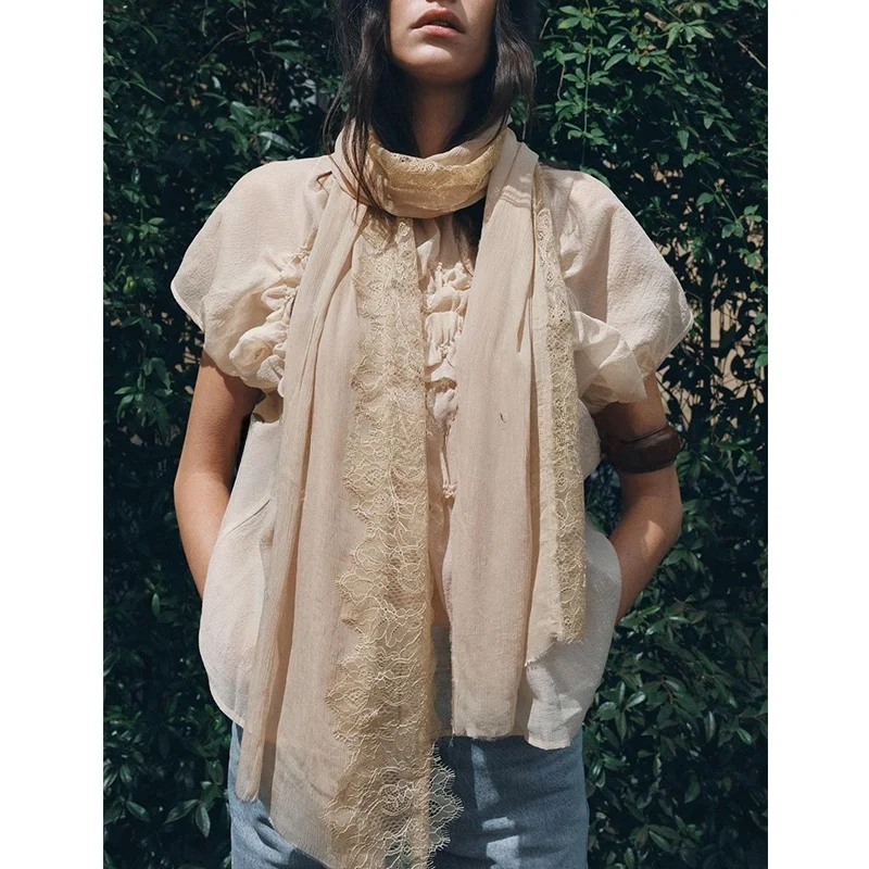 Spring New Women's round Ne ort Sve Embroidered Semi-Transparent Fabric Top Loose Fit Commute Sle Pure Color 4786002