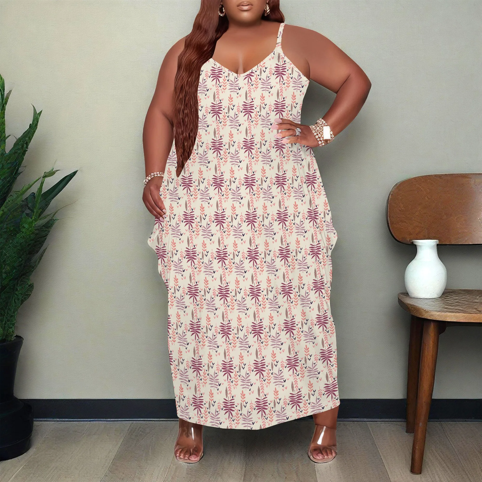 Women Plus Size Dress Floral Print Loose Halter Long Dress with Pocket Breathable Country XL-6XL