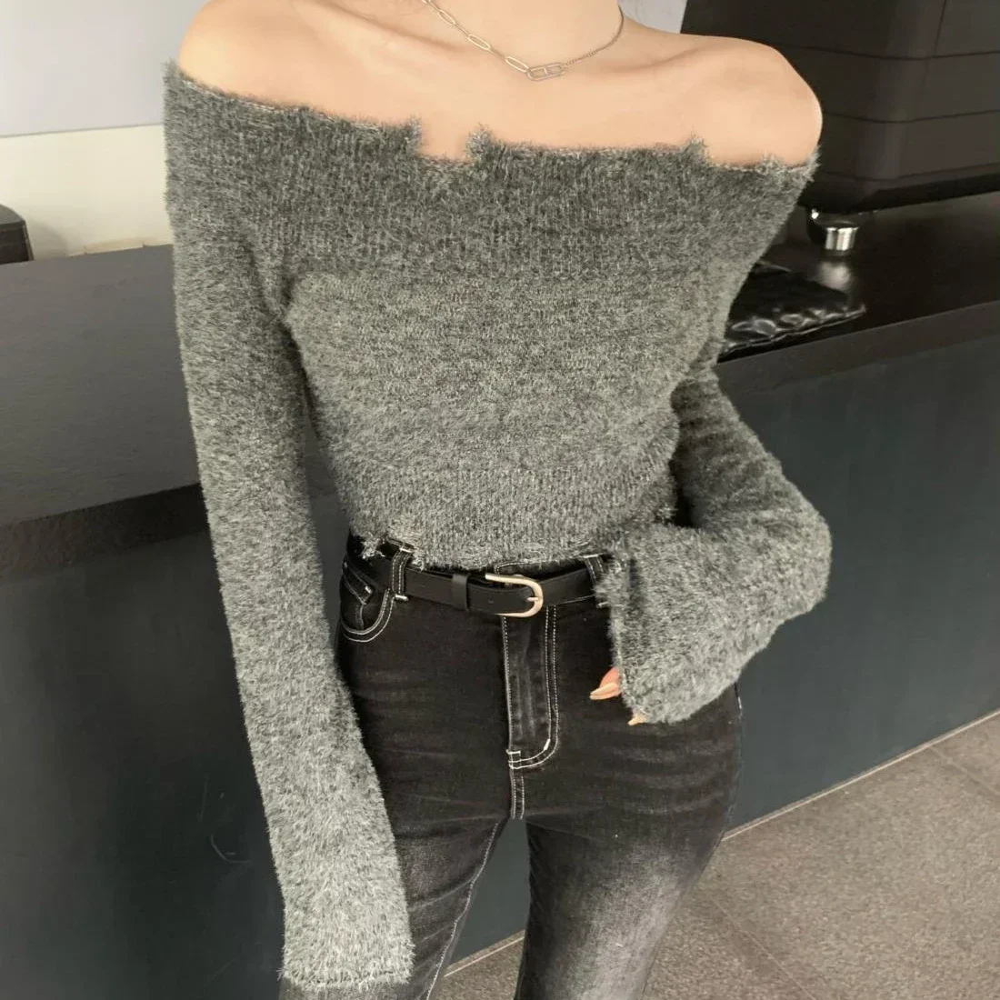 Slash Neck Pullovers Women Cropped Waistless Sexy Long-sleeve Hotsweet Autumn Winter Knitting Cozy Furry Chic Clubwear Sweaters