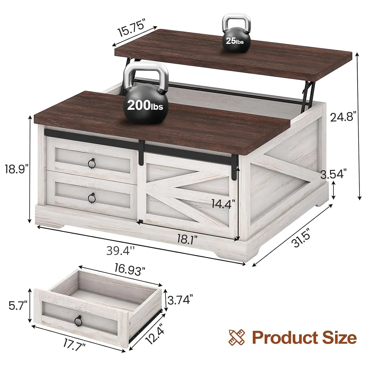 39.4'' Lift Top Coffee Table With Storage, Farmhouse Coffee Tables For Living Room, Square Coffee Table With Large
