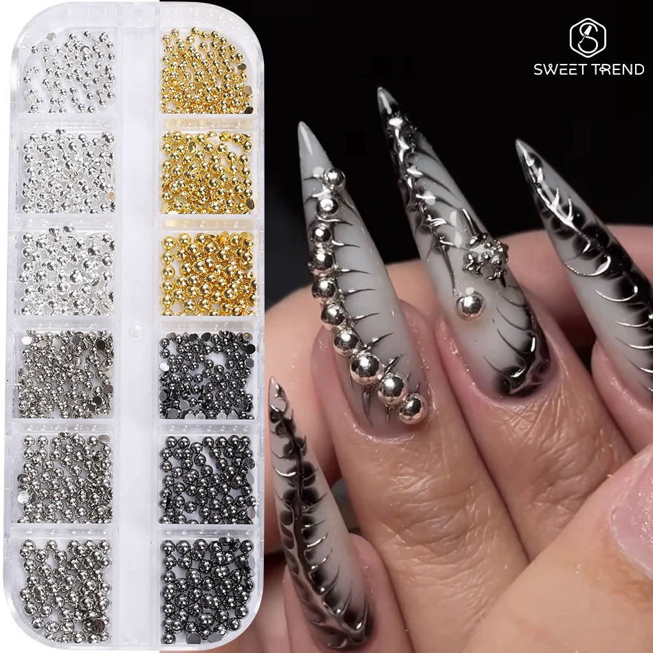 12 Gitter Glänzende Gold-Silber Halbrunde Metall-Nagelnieten Charms Gemischte Größen Flache Runde Perlen Nagelteile DIY Maniküre Dekoration