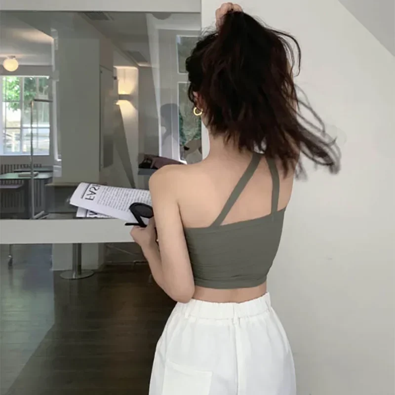 يميل الكتف حبال سترة مثير فتاة 2025 الصيف مفتوحة السرة اقتصاص قصيرة وسادة الصدر أعلى غير النظامية الظهر الأشرطة سترة HSJ630
