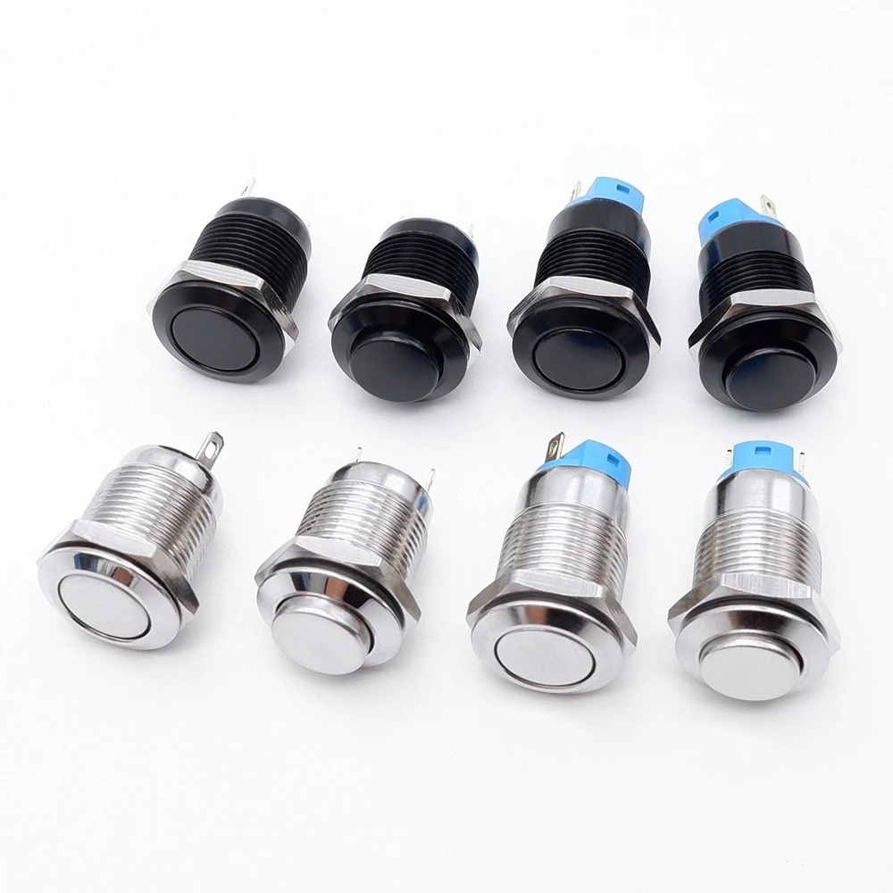 12mm Metal Push Button Switch Black Silver On Off NO LED Press Button Momentary Locking Car Computer Horn Flat High Head 1NO