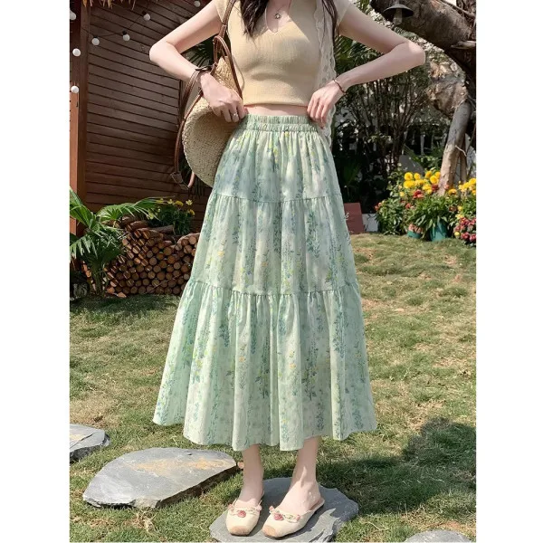 Women's Floral Tiered Midi Skirt, Elastic Waist A-Line Skirt with Green & Yellow Flower Print, Casual Flowy Summer Skirt