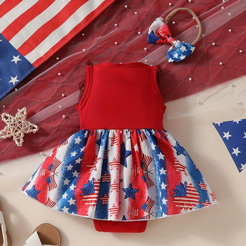 Infant Girls Patriotic Romper Dress with Headband Sleeveless Star Print Jumpsuit for Independence Day Celebration