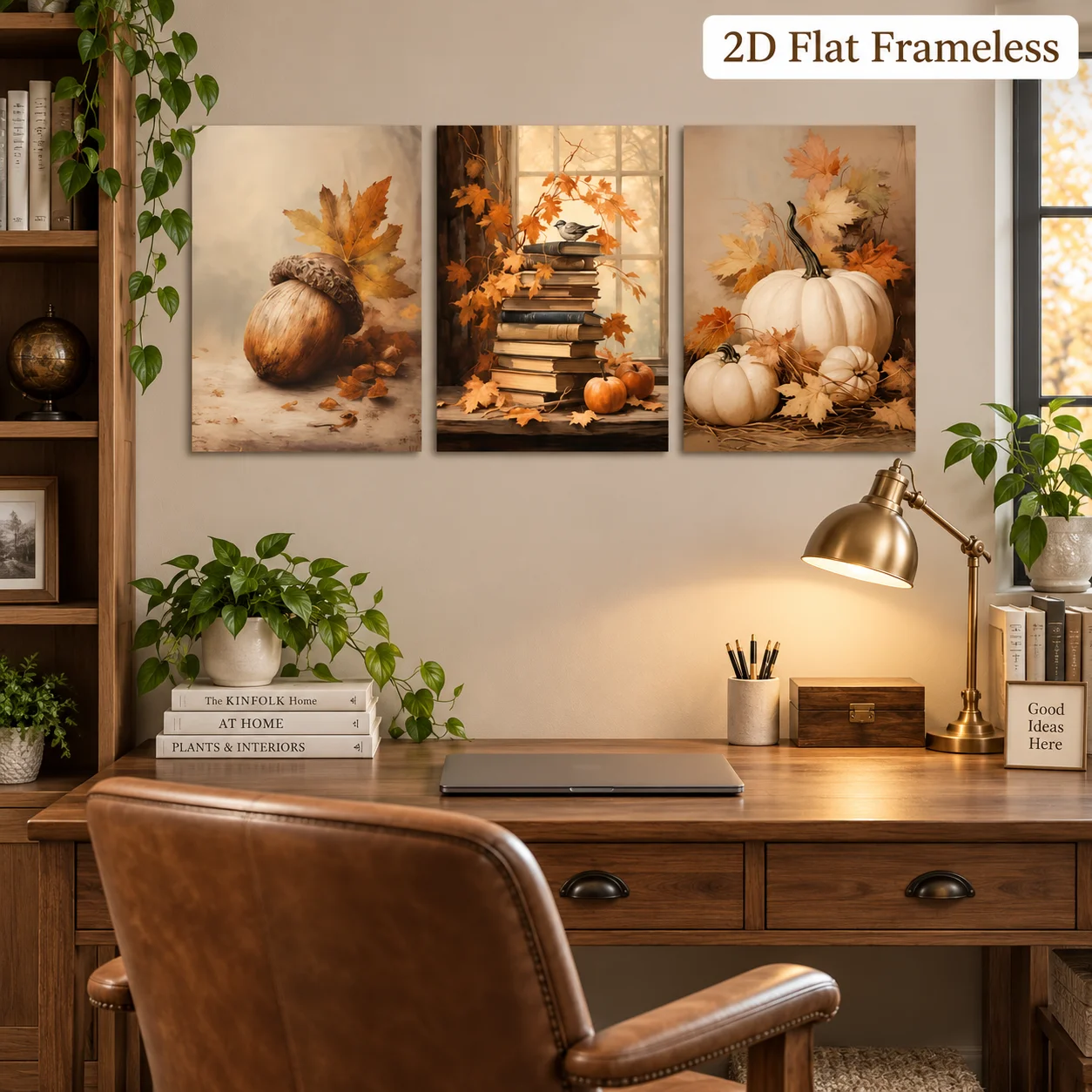 3 books, pumpkin, rural farmhouse art, Halloween decoration, autumn leaf mural, pine cones, indoor home wall decoration art 2D f