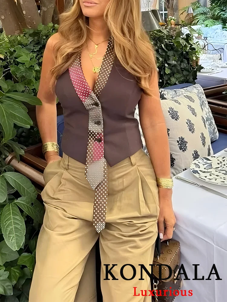 

KONDALA сексуальные шикарные женские топы с лямкой на шее, без рукавов, с открытой спиной и пуговицами, короткий тонкий жилет, новая мода, 2024, летние праздничные женские топы