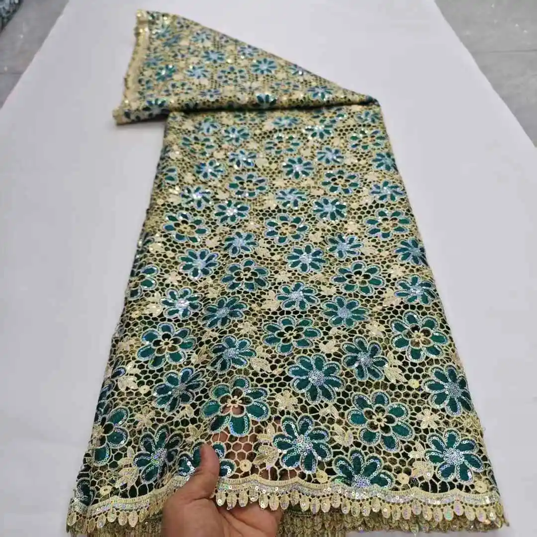 

2025 African French Nigerian High End Guipure Lace Fabric With Beads Sequins Mesh for Wedding Party Bride Sewing Dress