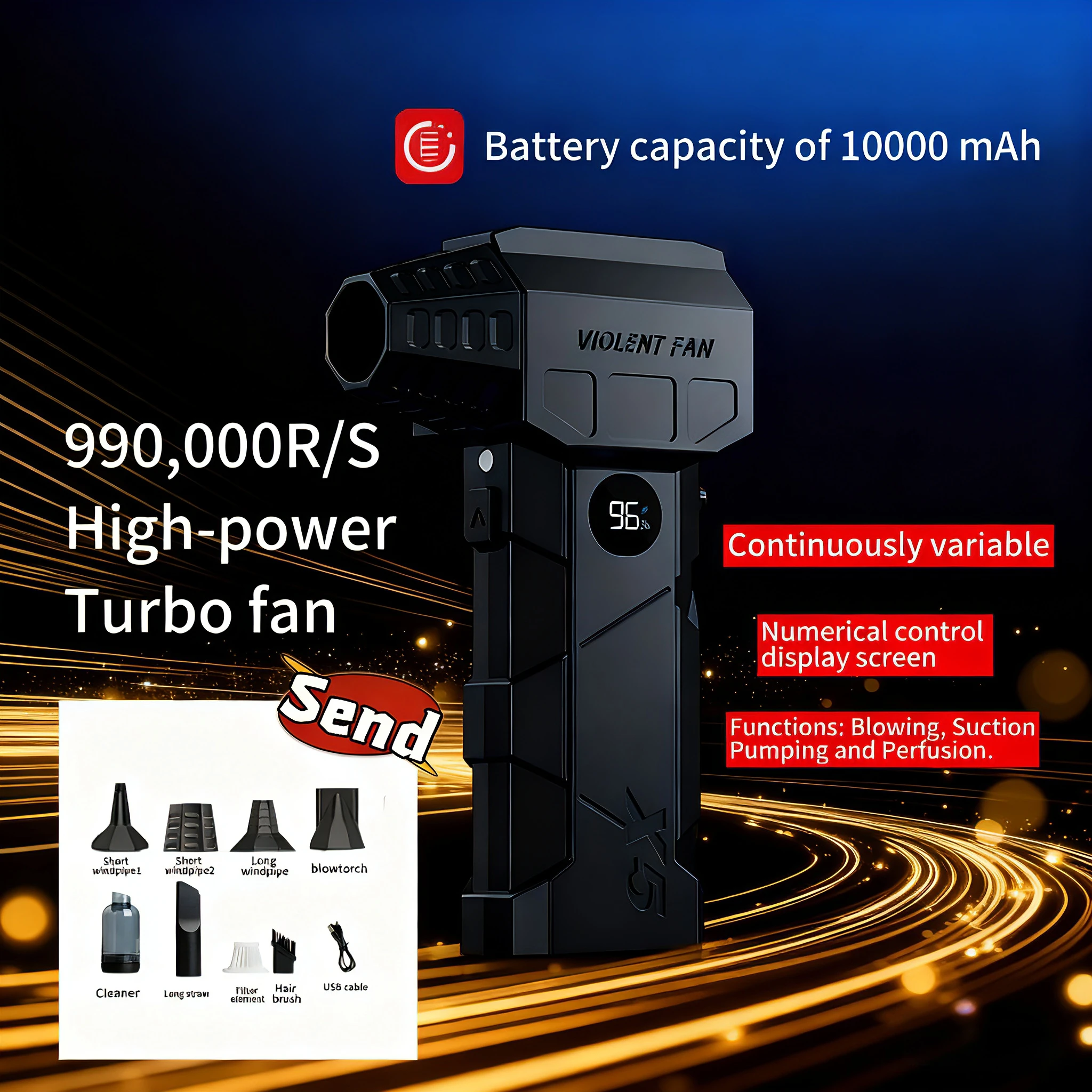 

Мощная версия обновления вентилятора, X5 с 9000 оборотов в минуту, скорость ветра 70 метров в секунду, портативный бесщеточный двигатель.