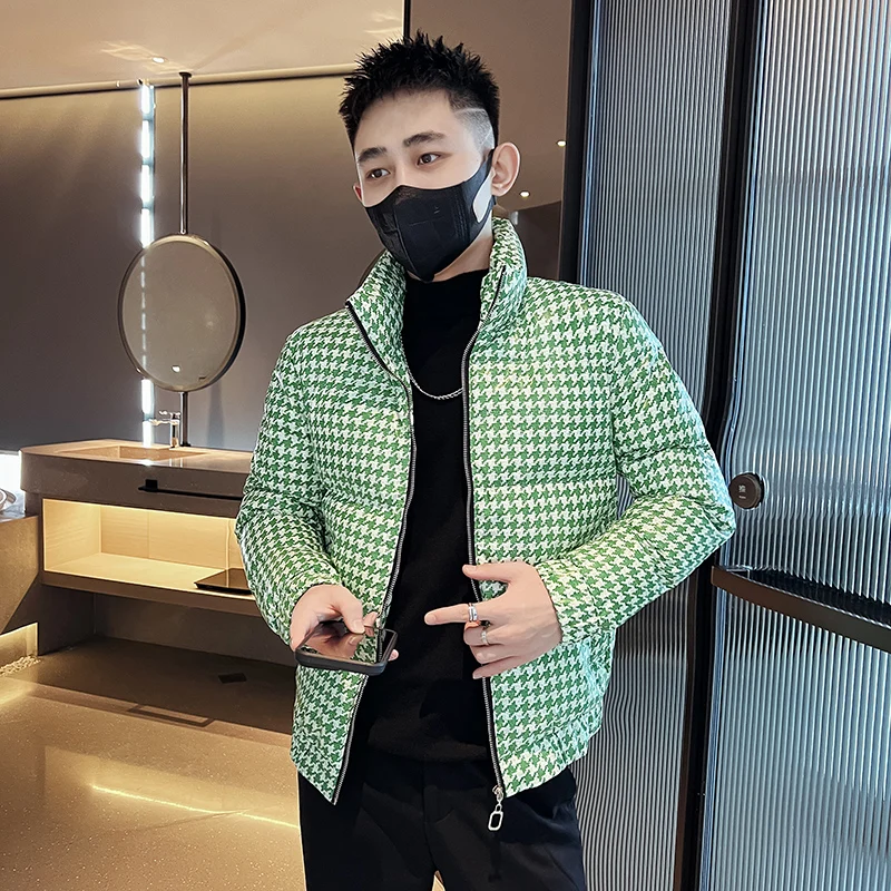 

2023 New Men's Winter Fashion Stand Collar Jacket Warm Plaid Parkas Winter Streetwear Oversize Plaid Bubble Coat Male Y30