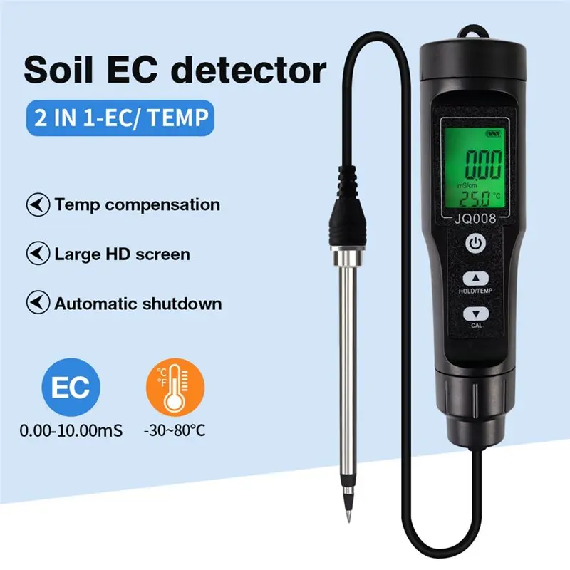 Conductivity Monitor 0.00-10.00Ms/Cm Soil EC Temp Detector 2 In 1 Handheld Meter LCD Display Soil Tester