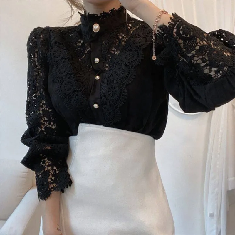 Elegant Women\'s Stand Collar Hollow Out Lace Patchwork Long Sleeve Shirt Top Autumn Fashion Solid Button Casual Blouses Female