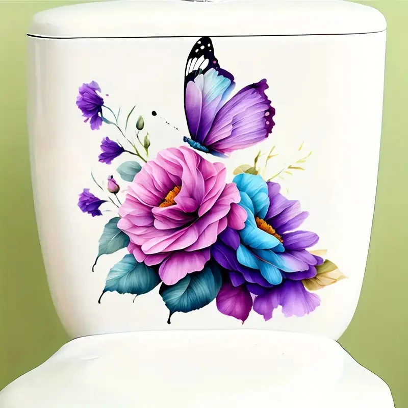 

Purple Flower and Butterfly Toilet Stickers, Bright Bathroom for Home Decoration, Vinyl Animal Decals, Art Wall Paper, Poster