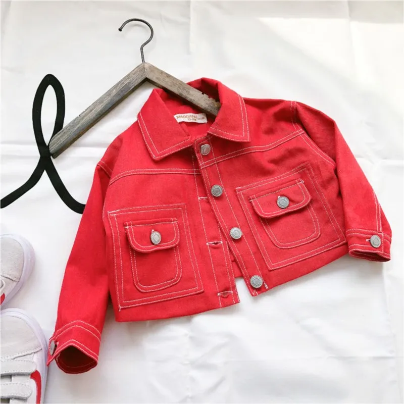 

2024 New Spring Autumn Girls Boys Red Denim Jacket Clothes Baby Kids Fashion Casual Jackets Children Trench Coats