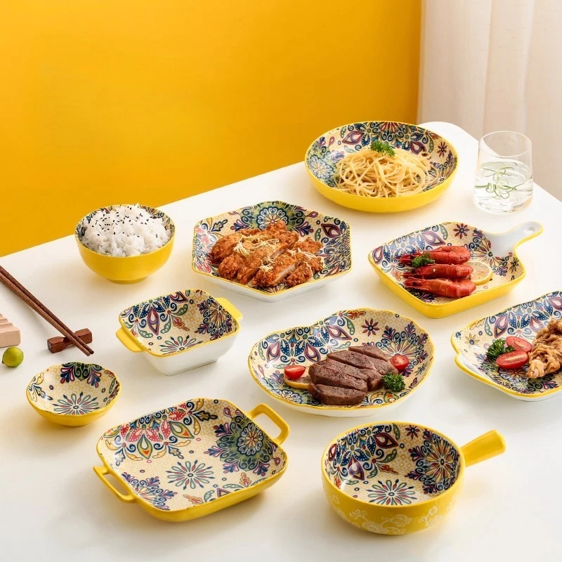 Juego de vajilla de cerámica, tazón de arroz, plato para servir, cubiertos creativos, plato para sopa, tazón con mango de fideos, plato para salsa, plato para fruta y ensalada de carne