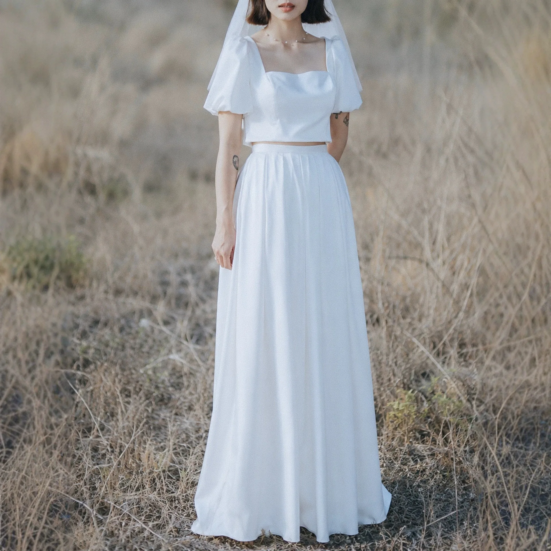 Two Piece Satin Wedding Dress Women Square Neck Puff Short Sleeve Crop Top A‑Line Long Skirt Bridal Gown Bohemian Wedding Dress