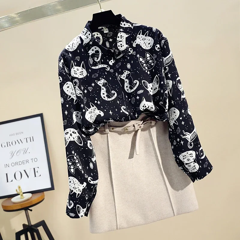 Spring Autumn Women's Blouse Korean Fashion Style Lapel Print Long-sleeved Shirt New Loose Casual Female Tops DE740