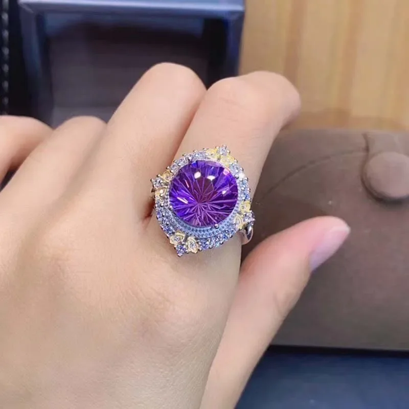 Natural Amethyst Ring Ladies 925 Sterling Silver Resizable Rings for Women Anillos De Matrimonio Pareja En Oro 14 K