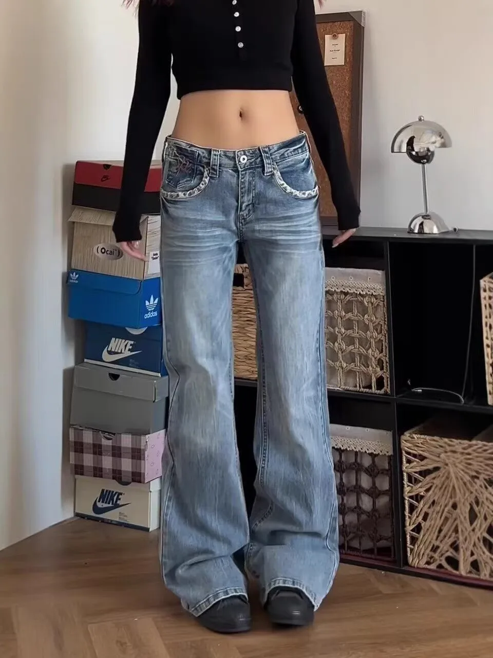 Light Blue Leopard Print  Claw Bell Bottom Jeans Women's Low Waist Design Sensation Butt Lifting Flared Pants
