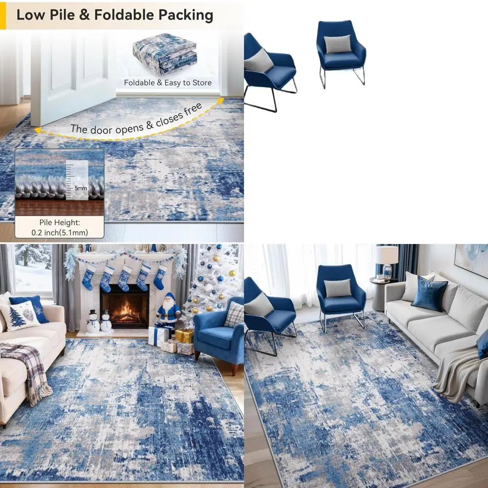 

Мягкий моющийся нескользящий ковер 6'x9' с абстрактным узором, сине-серый с темно-синим оттенком, для жилых помещений