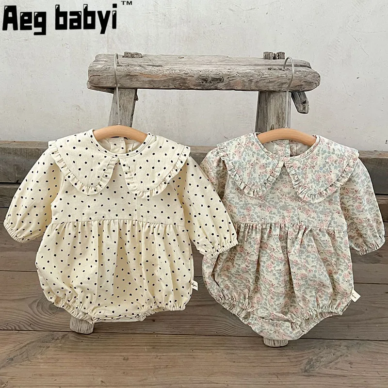 

Baby Bodysuits Baby Girls Long Sleeve Polka dot doll collar Jumpsuit Cotton Infant Flower Romper Spring Baby Girls Clothes 0-24M