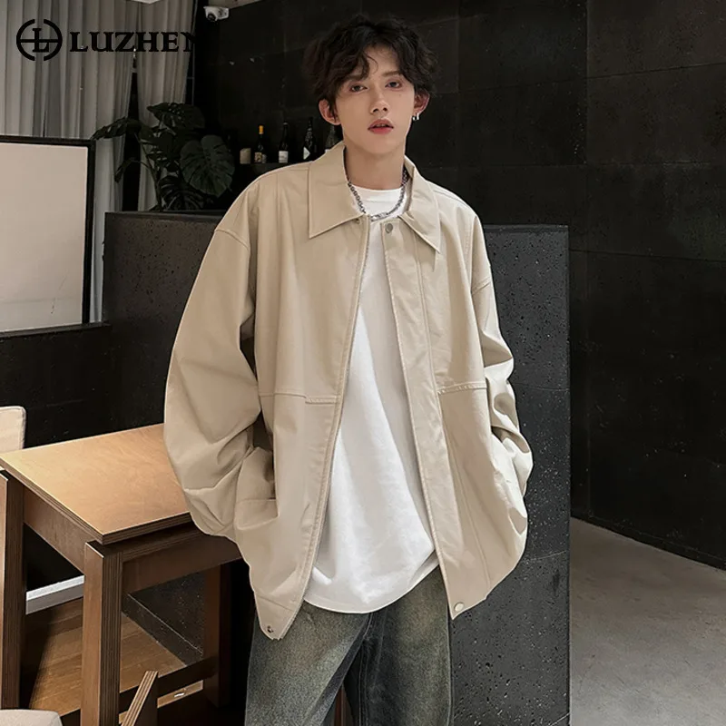 

LUZHEN Fashion Korean Solid Color High Quality Leather PU Jacket Men's 2025 New Handsome Loose Casual Coat Elastic Waist JY4059