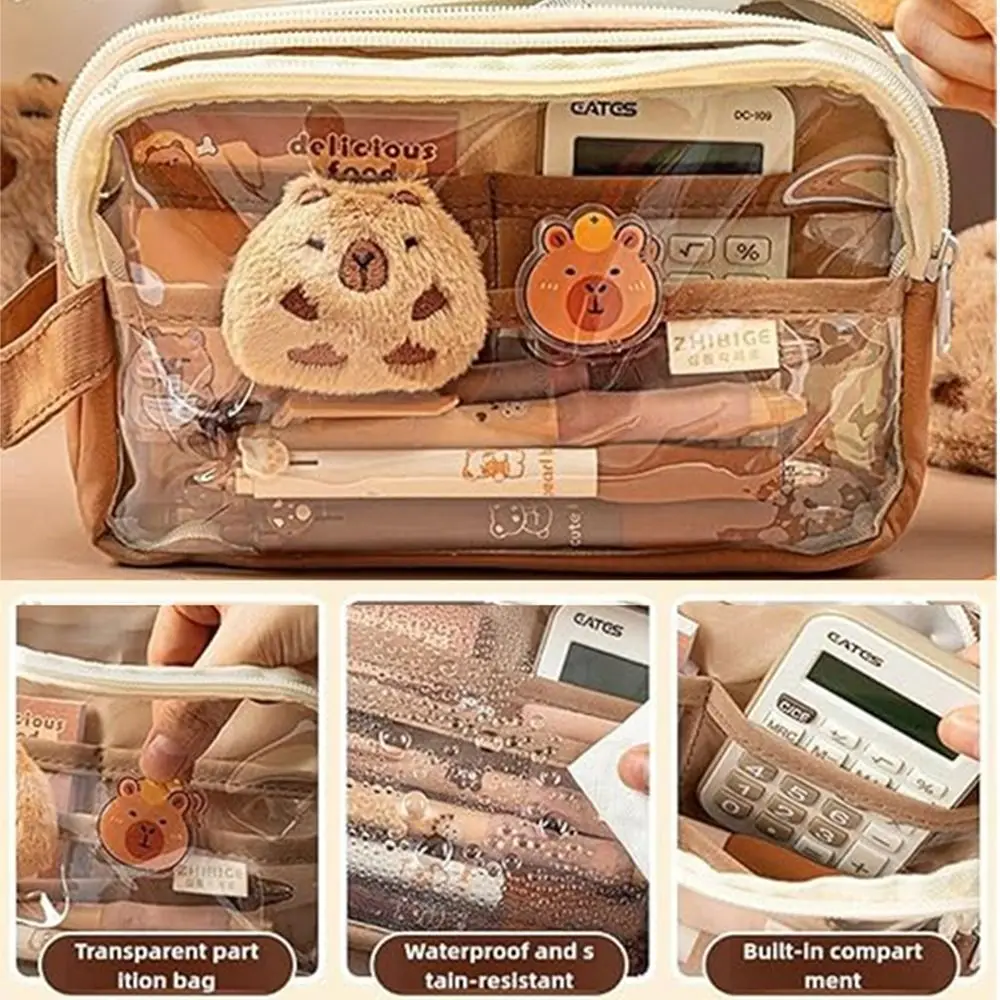 Creative Capybara Pen Case 5 Layers Large Capacity Capybara Pen Holder with Pendant with Front Pocket Zipper Pencil Pouch