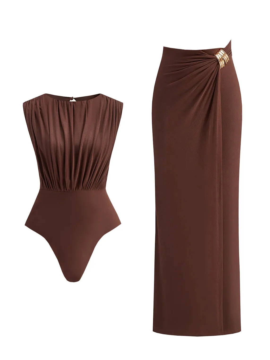 

Fashion Sleeveless Women One Piece Swimsuit And Long Skirt Set Sexy Pleats Bikini Lady Swimwear Bathing Suit Female Beachwear