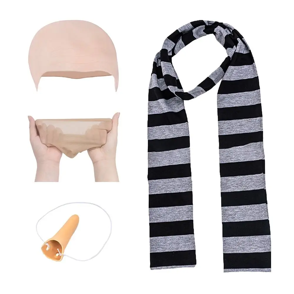 4Pcs Despicable Me Gru Cos Kits Black Gray Striped Scarf Bald Cap Halloween Costume Accessories Fake Nose Cosplay Set for Men image 2