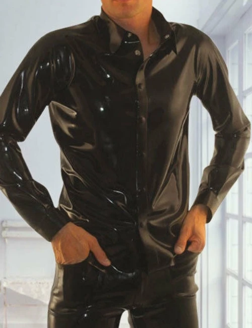 New Latex Coat Rubber Gummi Ganzanzug Men Handsome Black Cool Shirt Size S-XXL