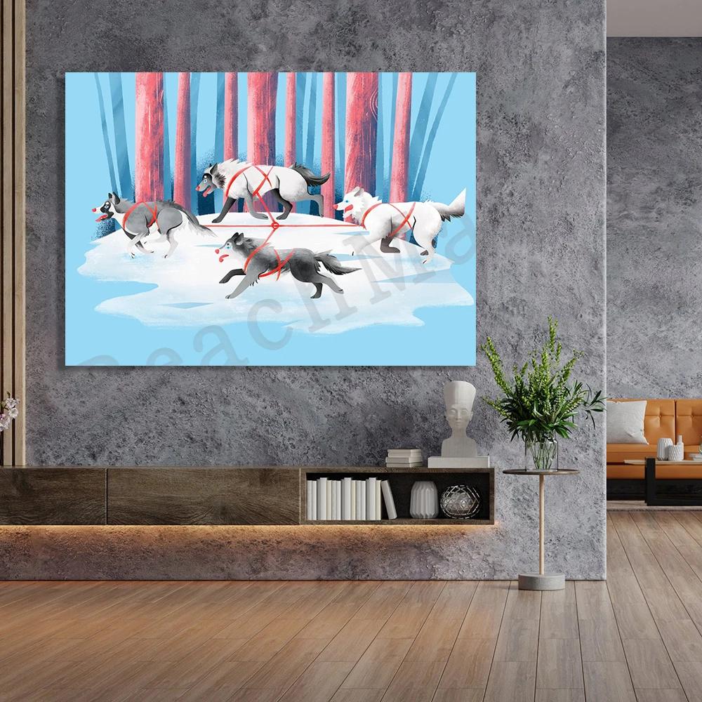 sled dog art print, animal dog illustration, husky wall art deco canvas print poster