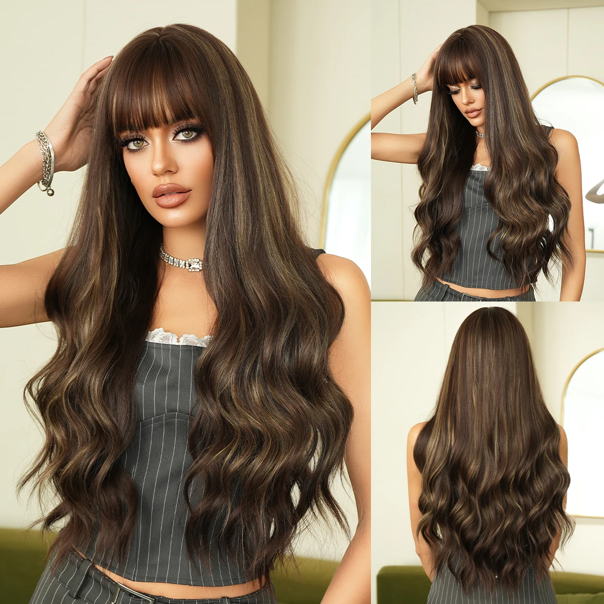 

NAMM Длинные волнистые женские коричневые парики для женщин Ежедневные вечерние длинные волнистые парики Синтетические парики с пушистой челкой Парик