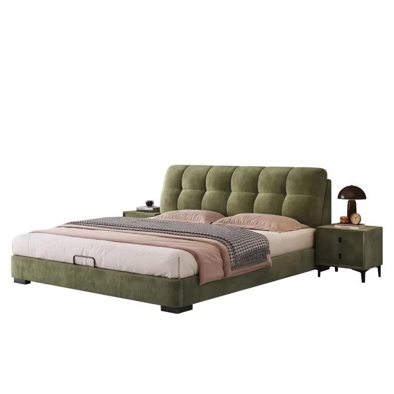 Simple small apartment fabric master bedroom double bed, chenille solid wood bed, double bed