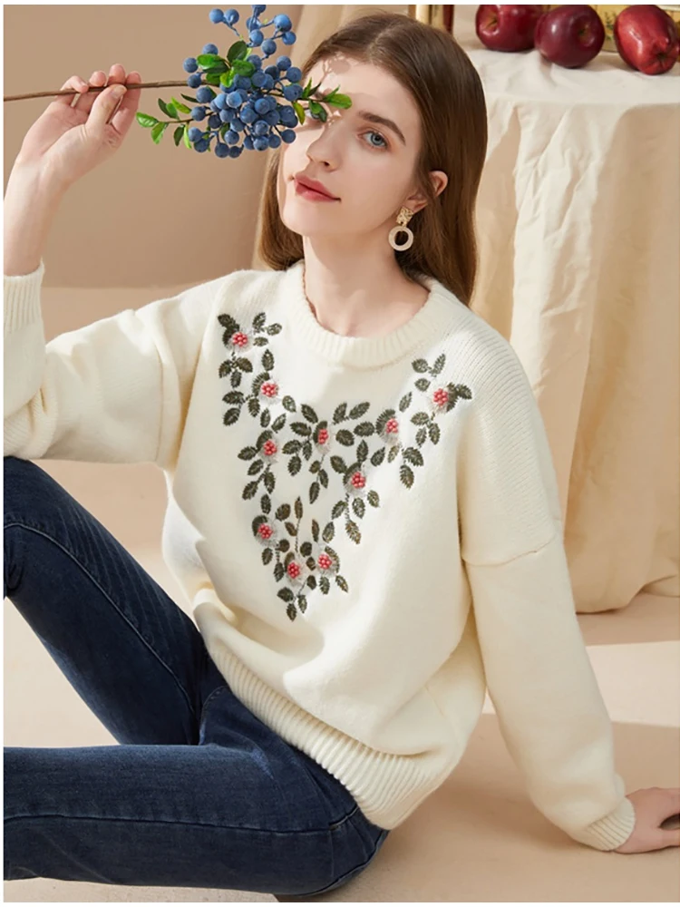 Flower Embroidery Sweater Floral Knitted Korean Chic Casual Long Sleeve Sweaters Sweet O Neck Soft Winter Handmade 2021 New