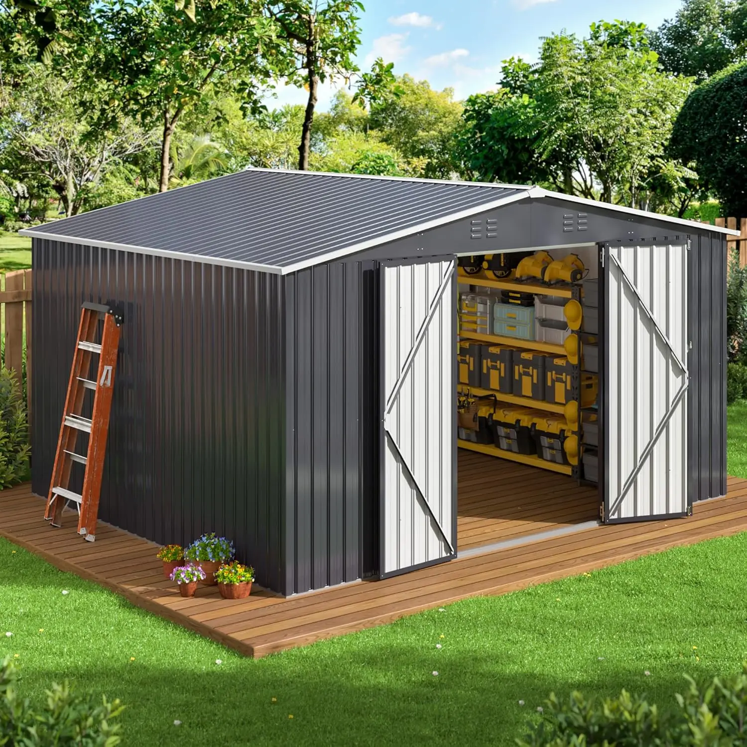 10x12 Outdoor Storage Shed Garden Shed with Updated Frame Structure and Lockable Doors Metal Tool Sheds